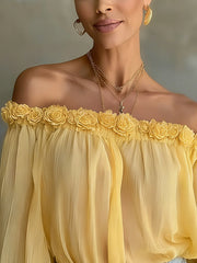 Yellow Floral Trim Off-Shoulder Pleated Chiffon Blouse