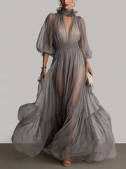 Ethereal Gray Sheer Chiffon Maxi Dress