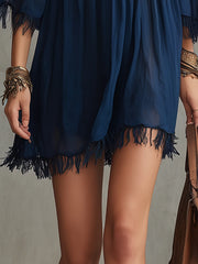 Navy Off-Shoulder Ruffle Trim Mini Dress