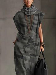 Gray Camo Sleeveless Turtleneck Maxi Dress