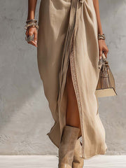 Khaki Lace Trim Linen Cotton Maxi Wrap Dress With Side Waist Tie