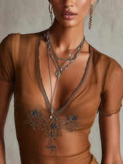 Brown Embroidered Deep V-Neck T-shirt