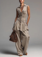 Beige Cotton Sleeveless Washed Denim Long Vest