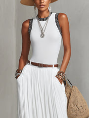 White Pleated Lace Shoulder Two-Piece Maxi Set