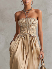 Khaki Off Shoulder Cotton Linen Maxi Dress With Front Slit