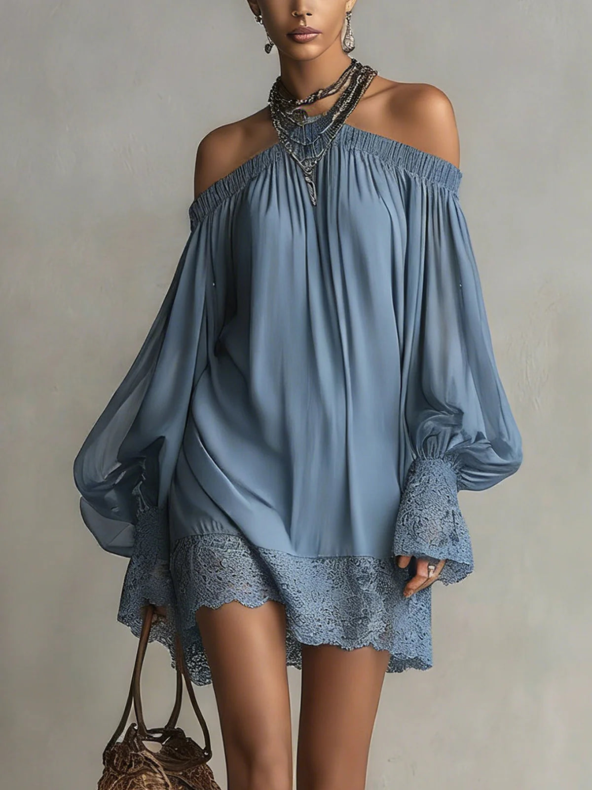 Blue Off-Shoulder Lace Trim Long Sleeve Mini Dress