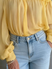 Yellow Floral Trim Off-Shoulder Pleated Chiffon Blouse